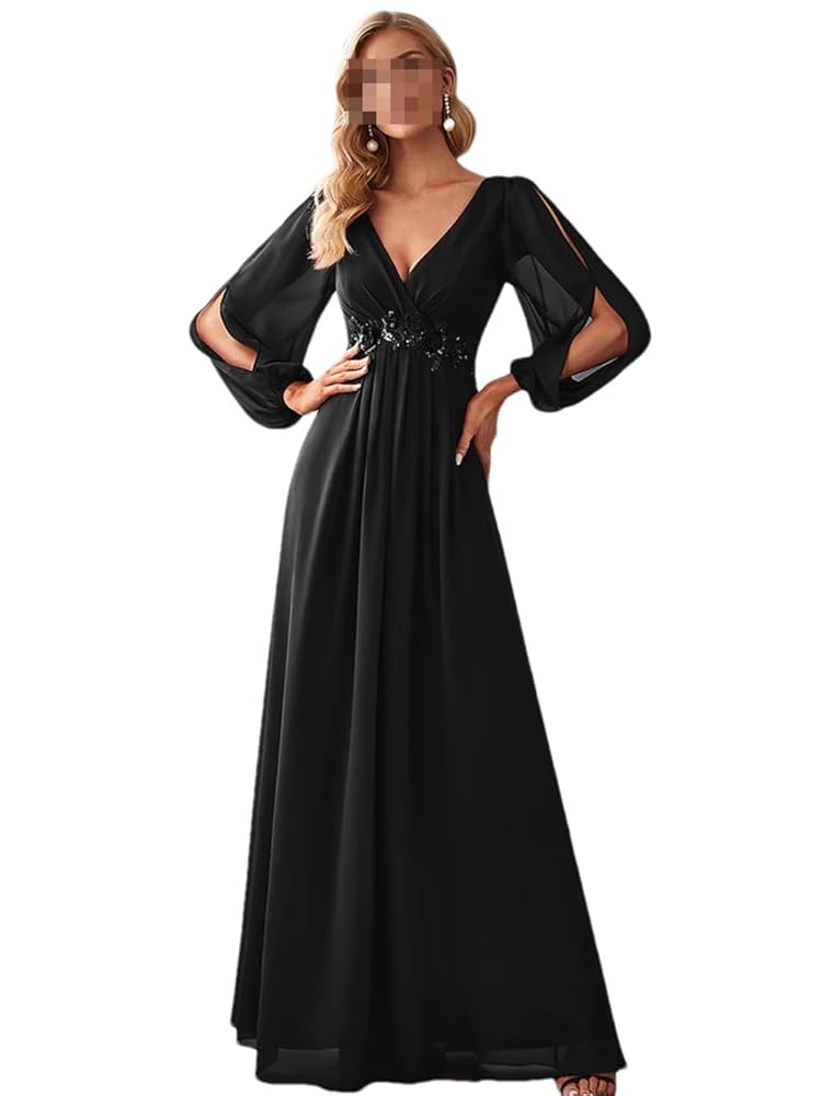 mame　IVolume Sleeves V-Neck Dress Loyeloy Women's Long Sleeve Bridesmaid Dresses with Slit V